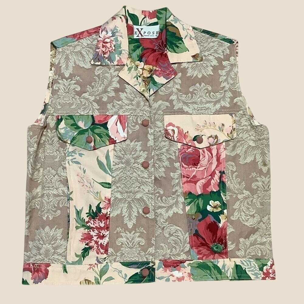 Vintage Expose Floral Damask Tapestry Vest Cotton Made in USA Size M Patchwork